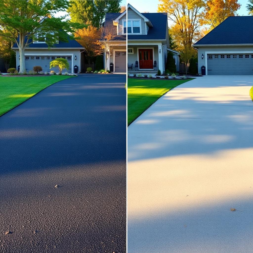 Side‑by‑side comparison of an asphalt driveway and a concrete driveway at a Minnesota home