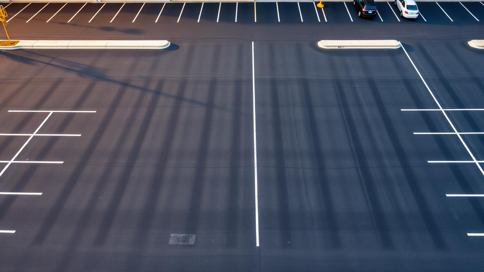 Freshly seal coated commercial parking lot in Minnesota with crisp white stripes