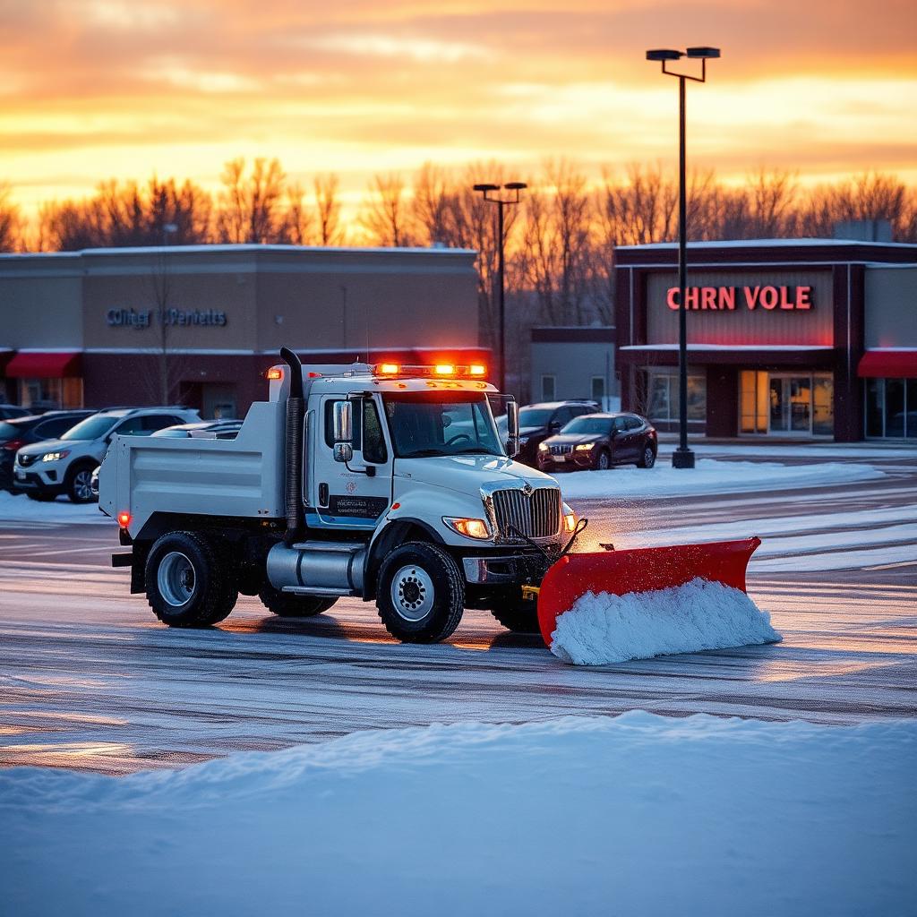 Commercial snow plow truck clearing a Minnesota retail parking lot at dawn